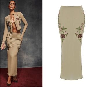 NWT HOUSE OF CB 'Lailah' Artichoke Floral Maxi Skirt Medium